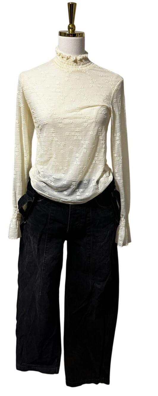 Molly Bracken Ivory Textured Floral Sheer Mock Neck Layering Top S
